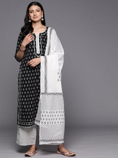 Black Printed Cotton Straight Suit Set With Palazzos - Libas