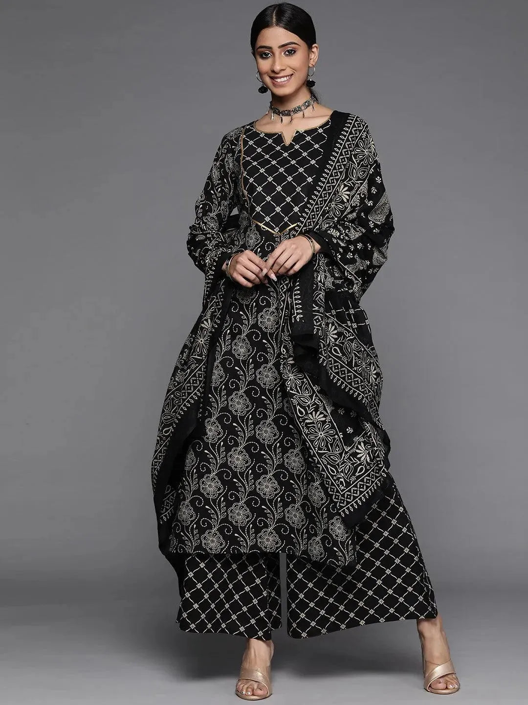 Black Printed Cotton Suit Set - Libas