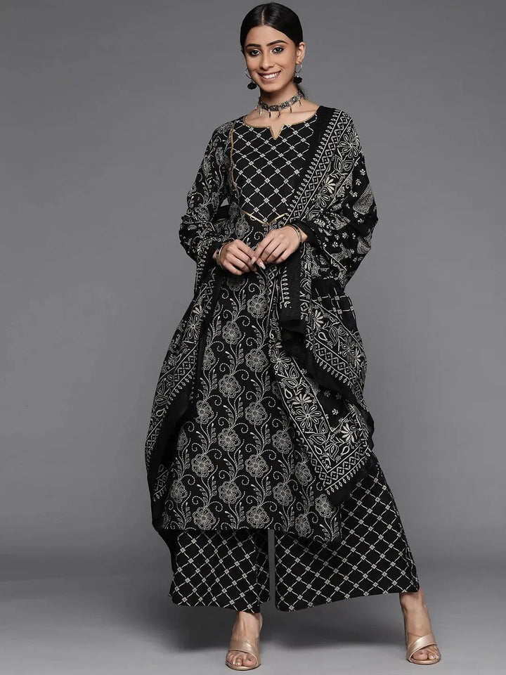 Black Printed Cotton Suit Set - Libas