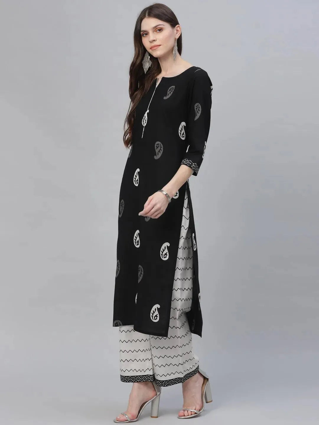 Black Printed Cotton Suit Set - Libas 