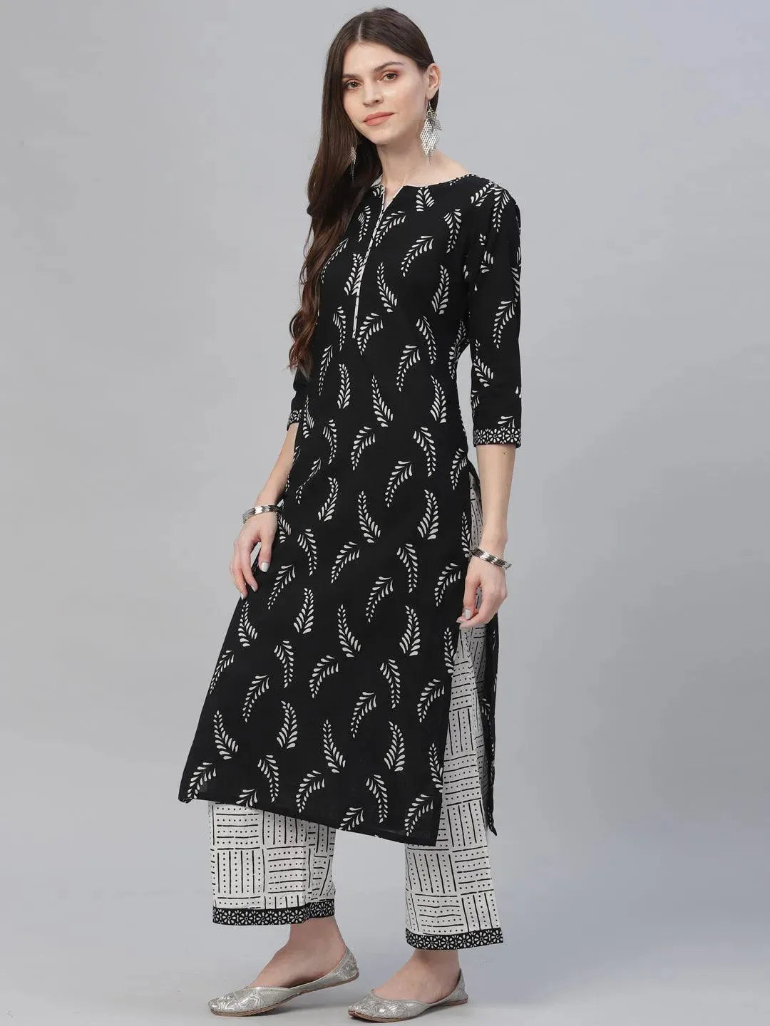 Black Printed Cotton Suit Set - Libas 