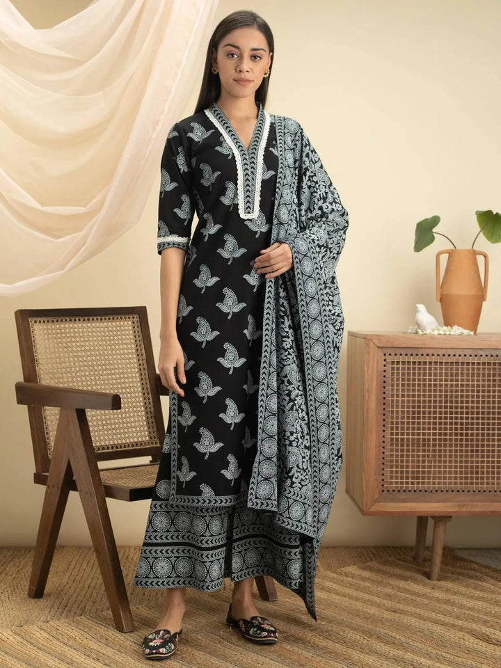 Black Printed Cotton Suit Set - Libas