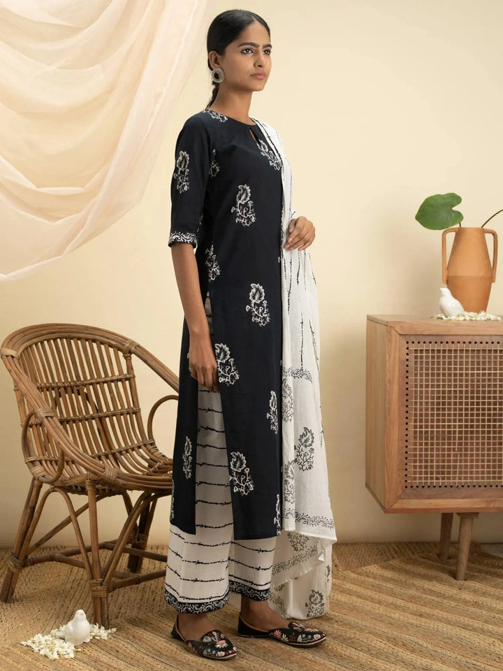 Black Printed Cotton Suit Set - Libas