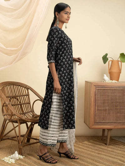 Black Printed Cotton Suit Set - Libas