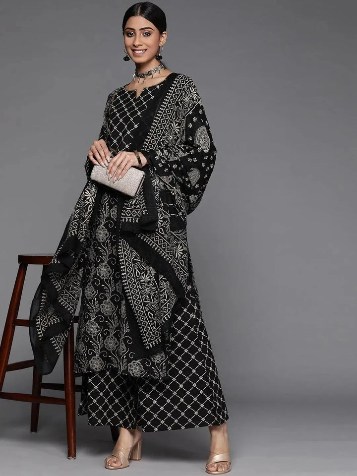Black Printed Cotton Suit Set - Libas