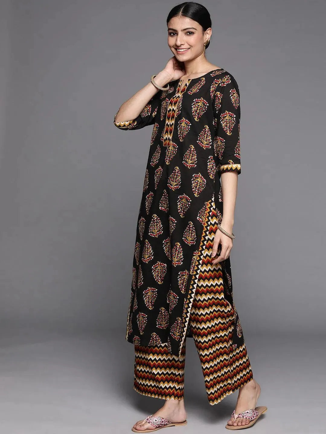 Black Printed Cotton Suit Set - Libas