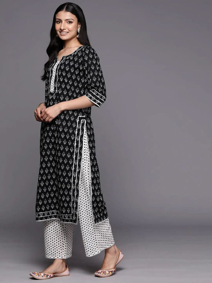 Black Printed Cotton Straight Suit Set With Palazzos - Libas