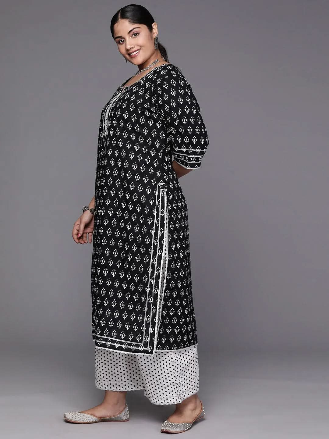 Black Yoke Design Cotton Straight Kurta With Trousers & Dupatta - Libas 