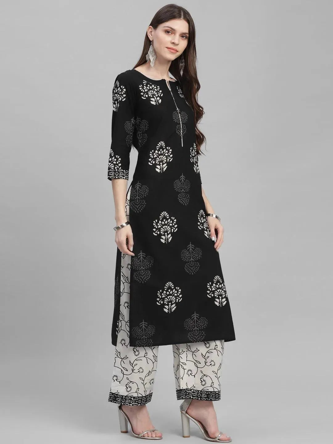 Black Printed Cotton Suit Set - Libas