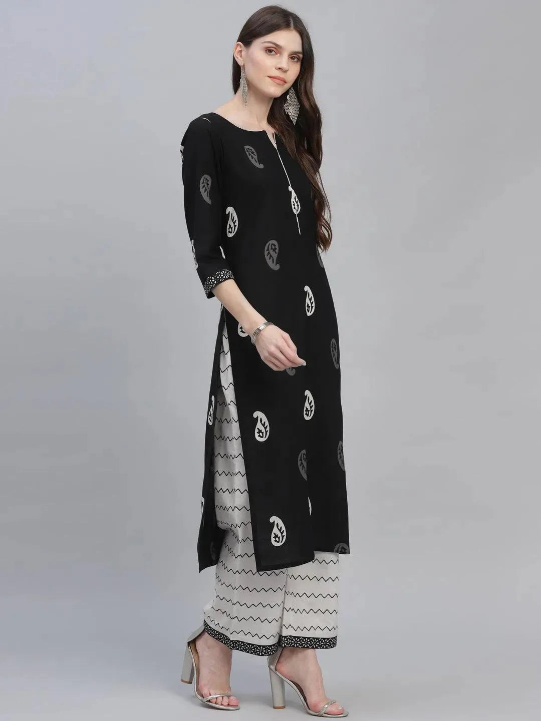 Black Printed Cotton Suit Set - Libas 