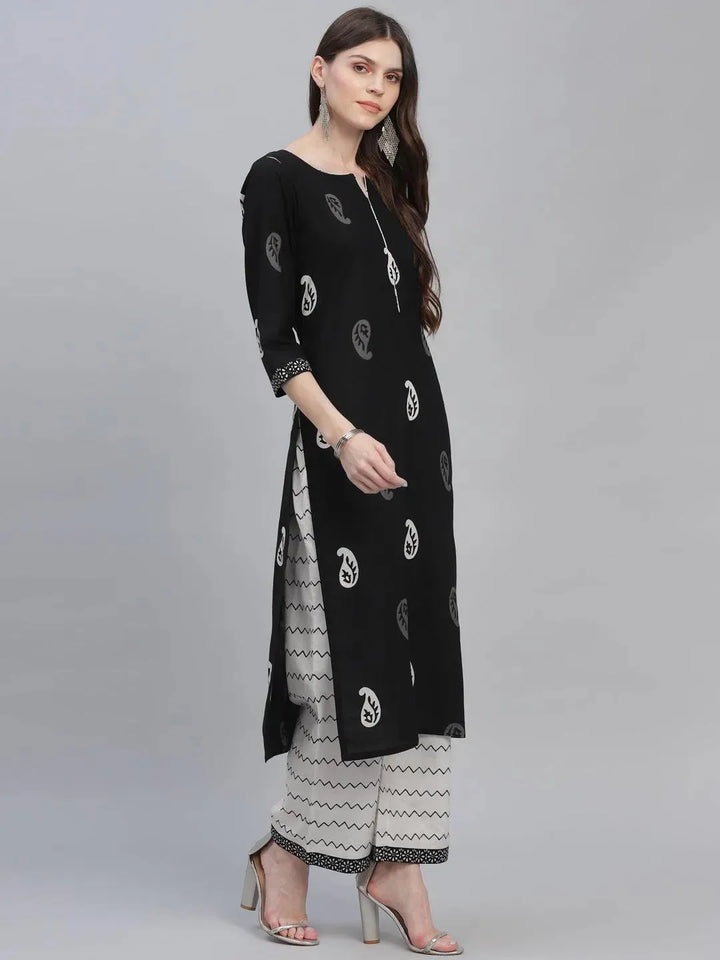 Black Printed Cotton Suit Set - Libas