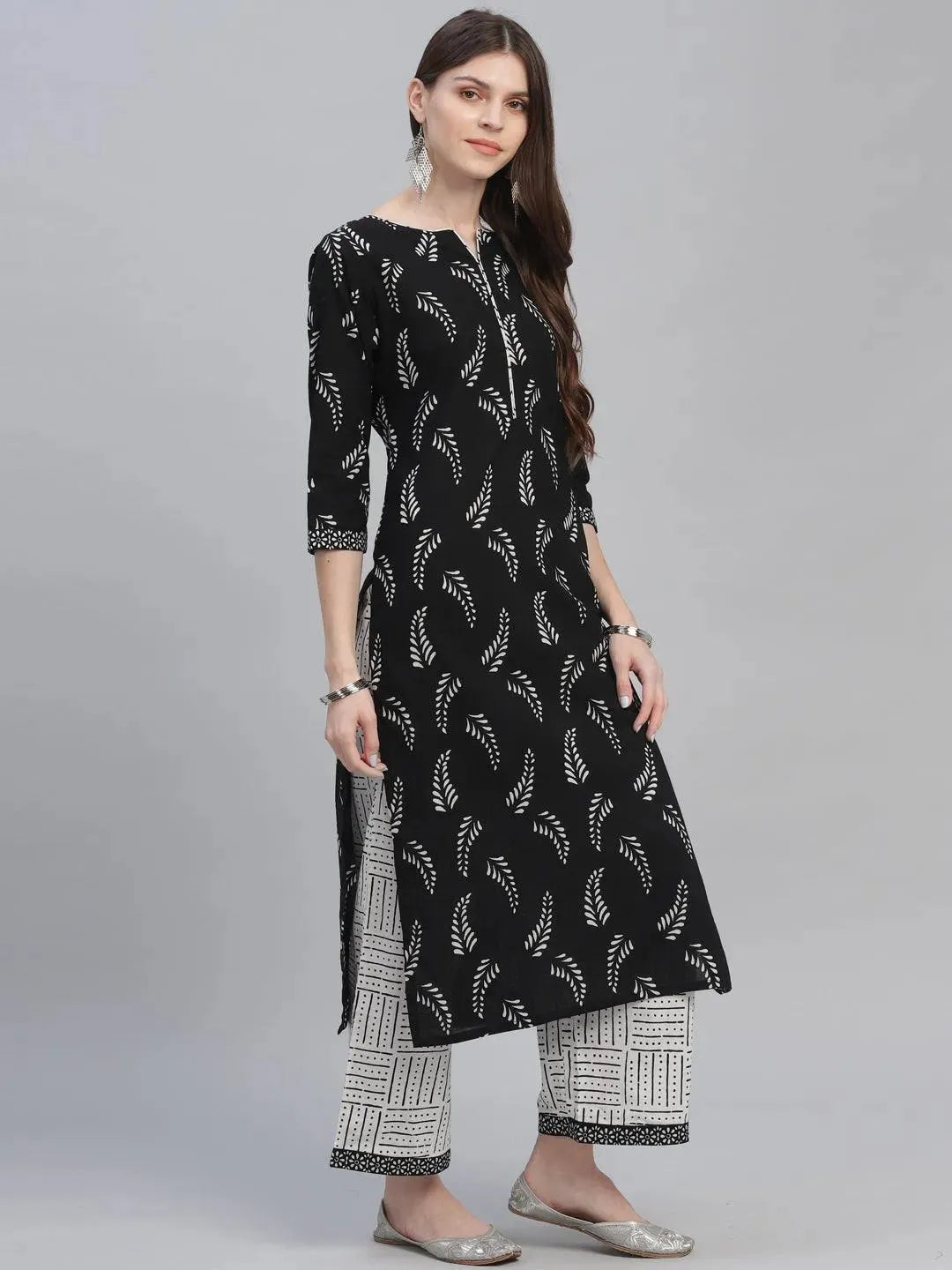 Black Printed Cotton Suit Set - Libas 
