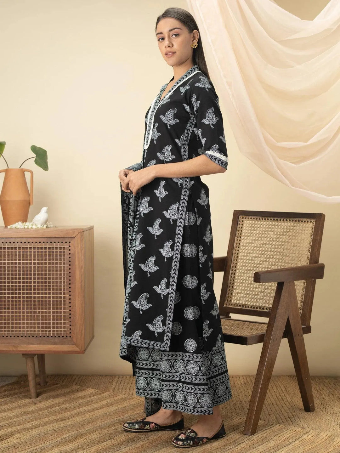 Black Printed Cotton Suit Set - Libas