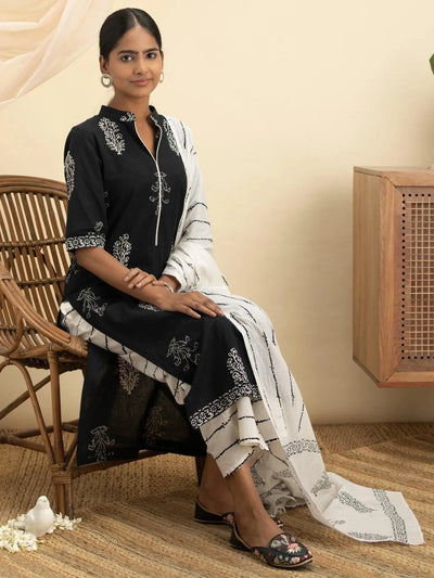 Black Printed Cotton Suit Set - Libas