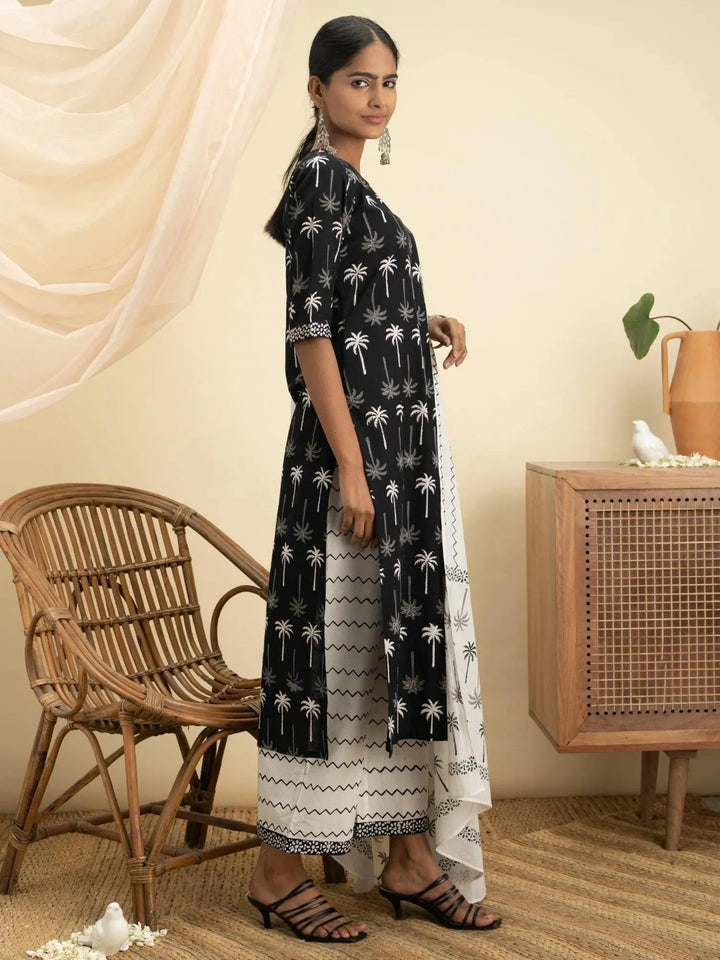 Black Printed Cotton Suit Set - Libas