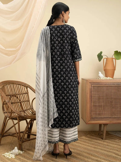 Black Printed Cotton Suit Set - Libas