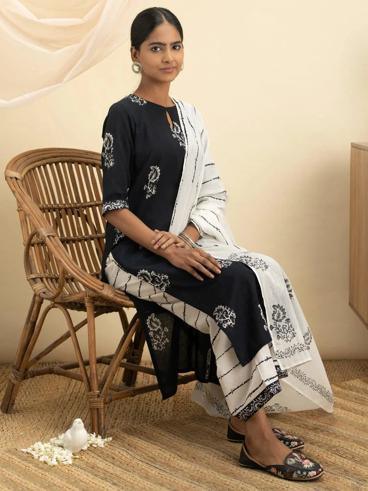 Black Printed Cotton Suit Set - Libas