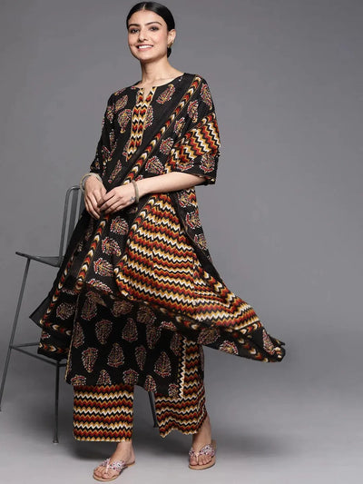 Black Printed Cotton Suit Set - Libas