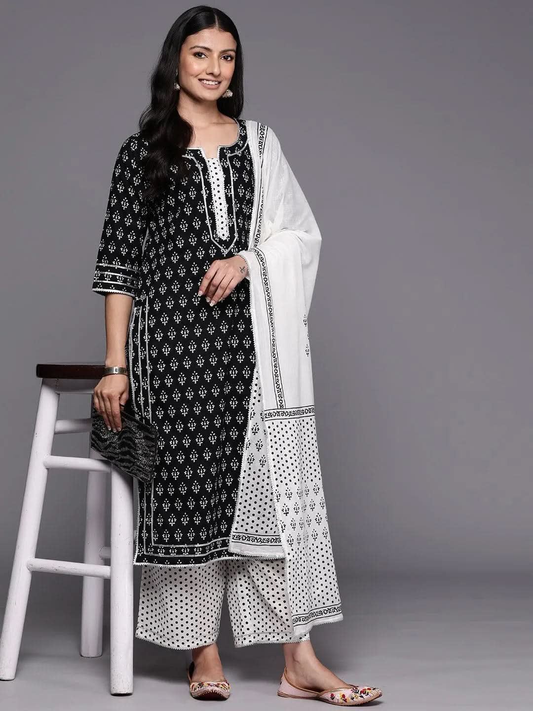 Black Printed Cotton Straight Suit Set With Palazzos - Libas 