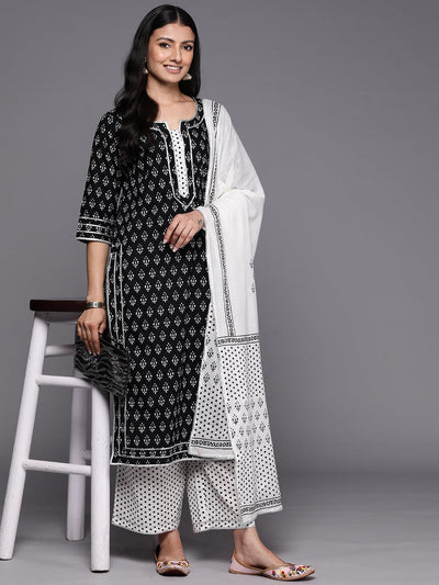 Black Printed Cotton Straight Suit Set With Palazzos - Libas