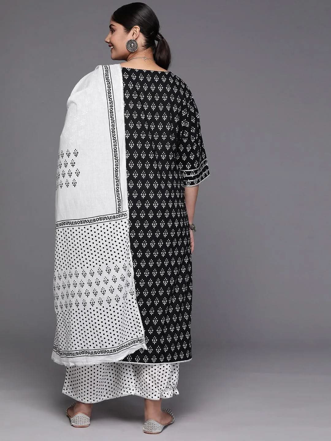 Black Yoke Design Cotton Straight Kurta With Trousers & Dupatta - Libas 