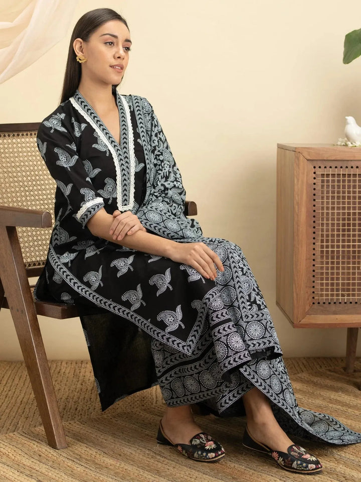 Black Printed Cotton Suit Set - Libas