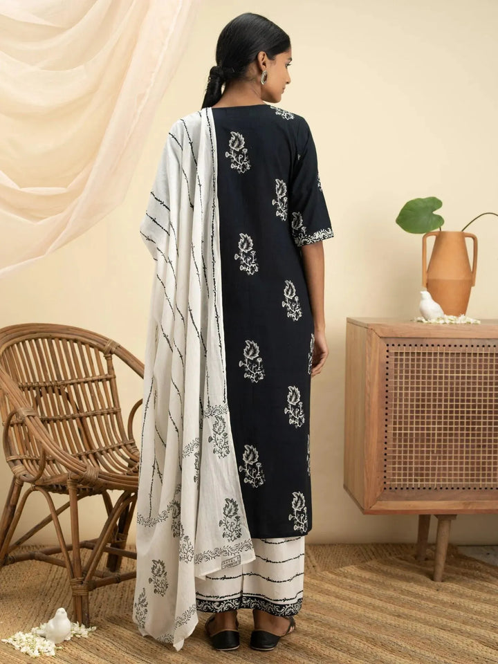 Black Printed Cotton Suit Set - Libas