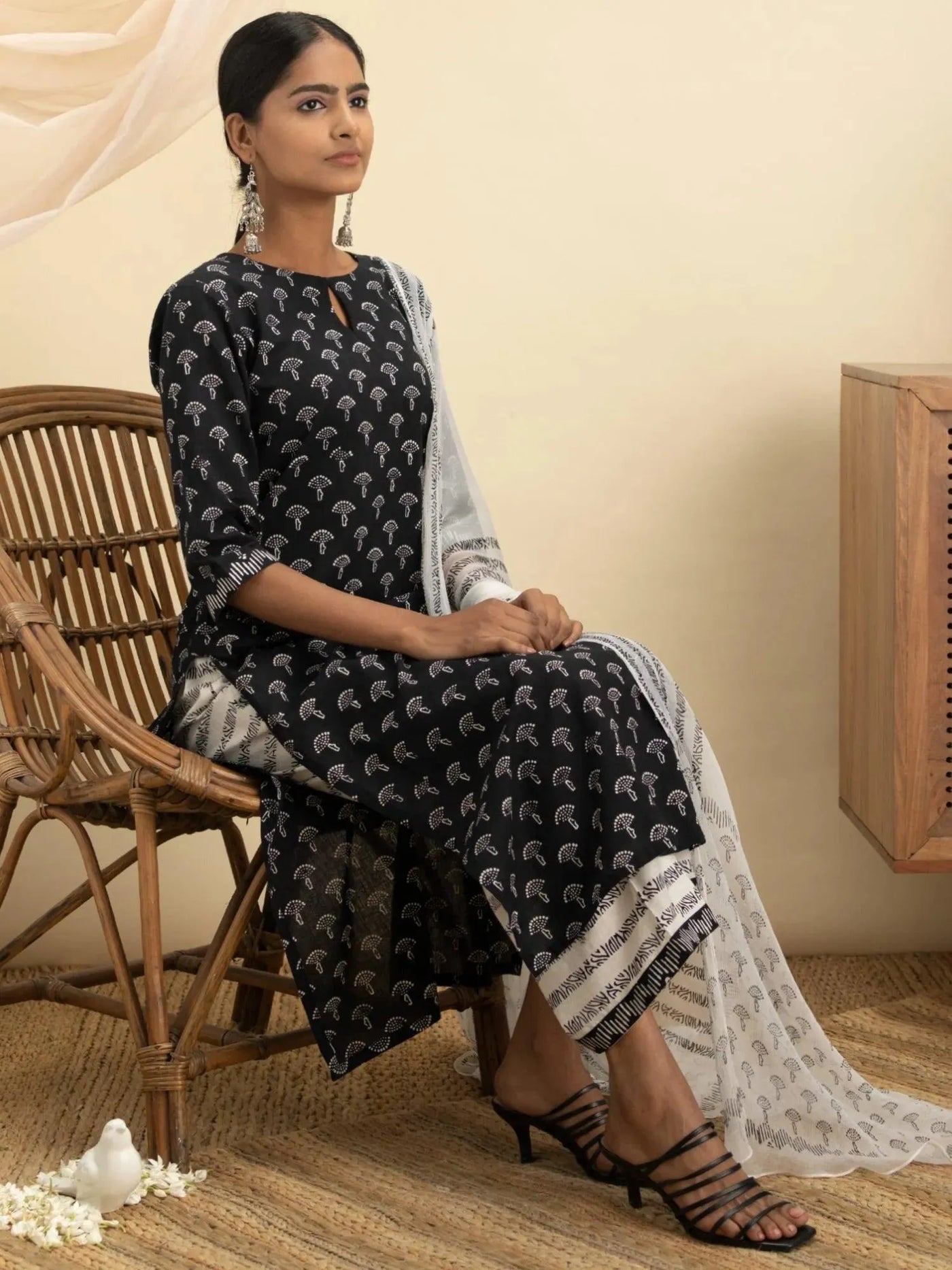 Black Printed Cotton Suit Set - Libas