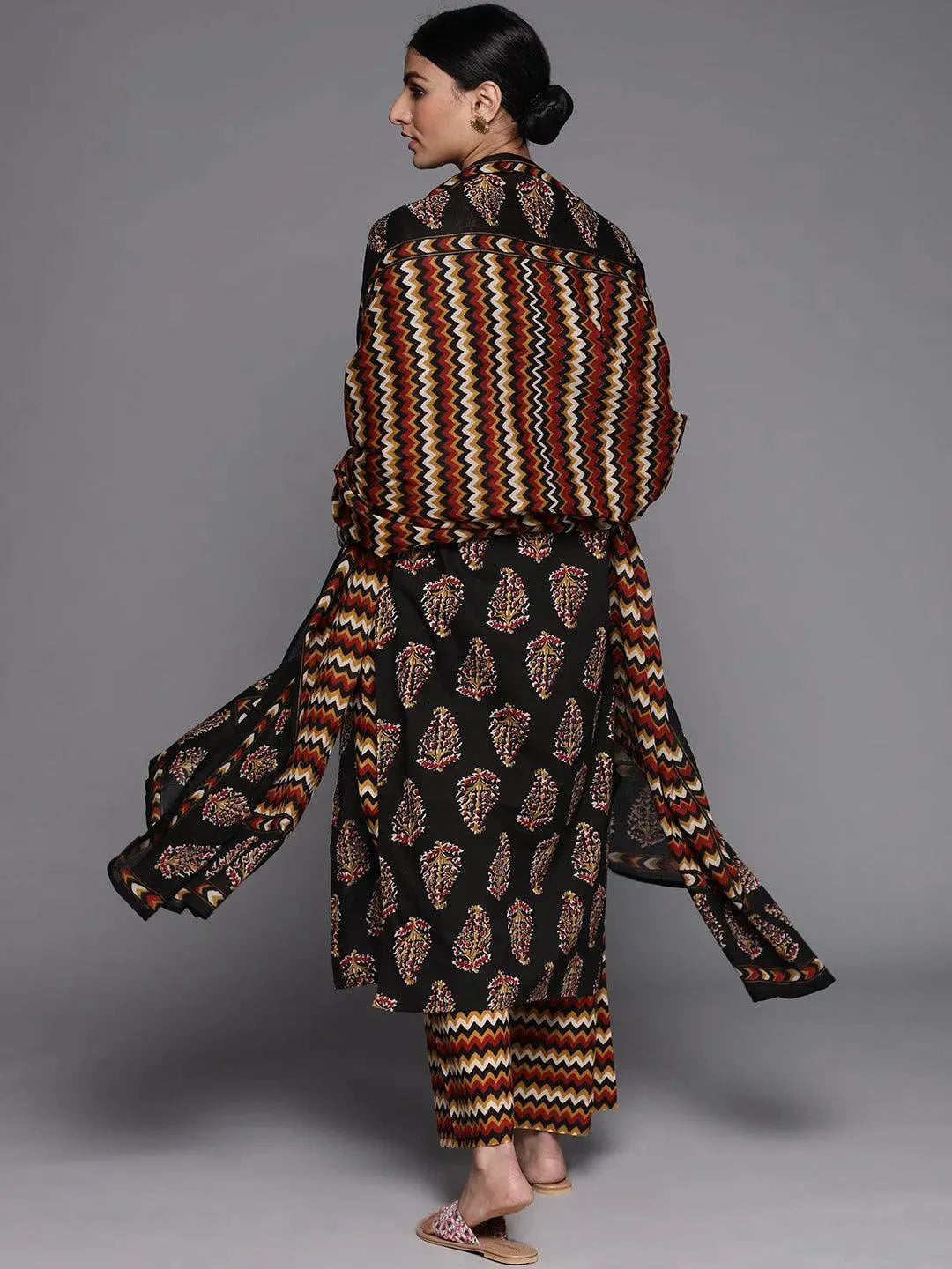 Black Printed Cotton Suit Set - Libas 