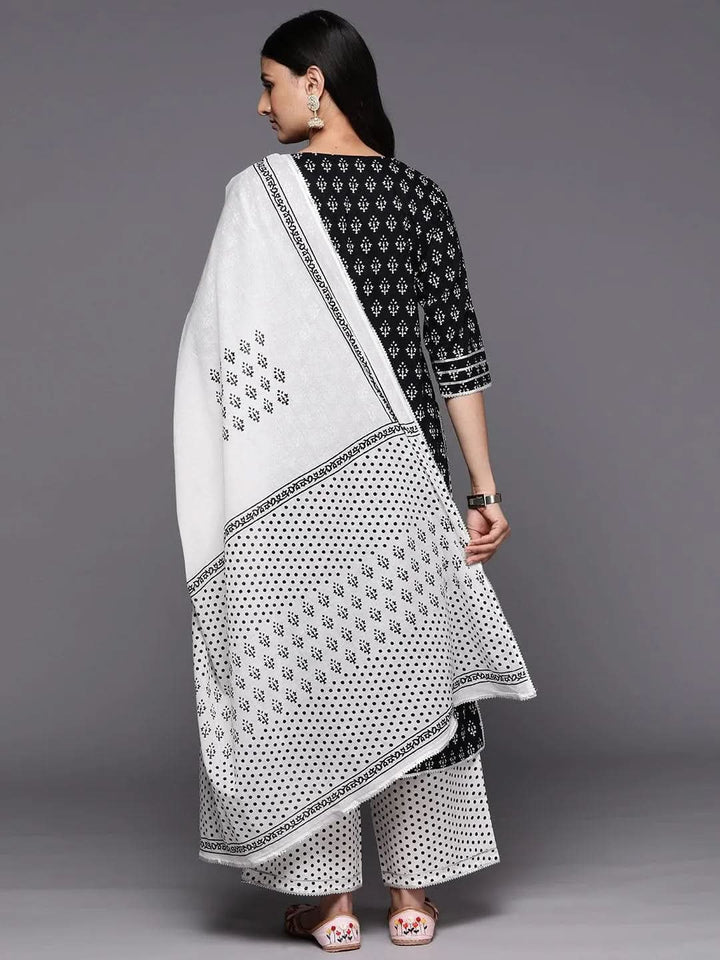 Black Printed Cotton Straight Suit Set With Palazzos - Libas