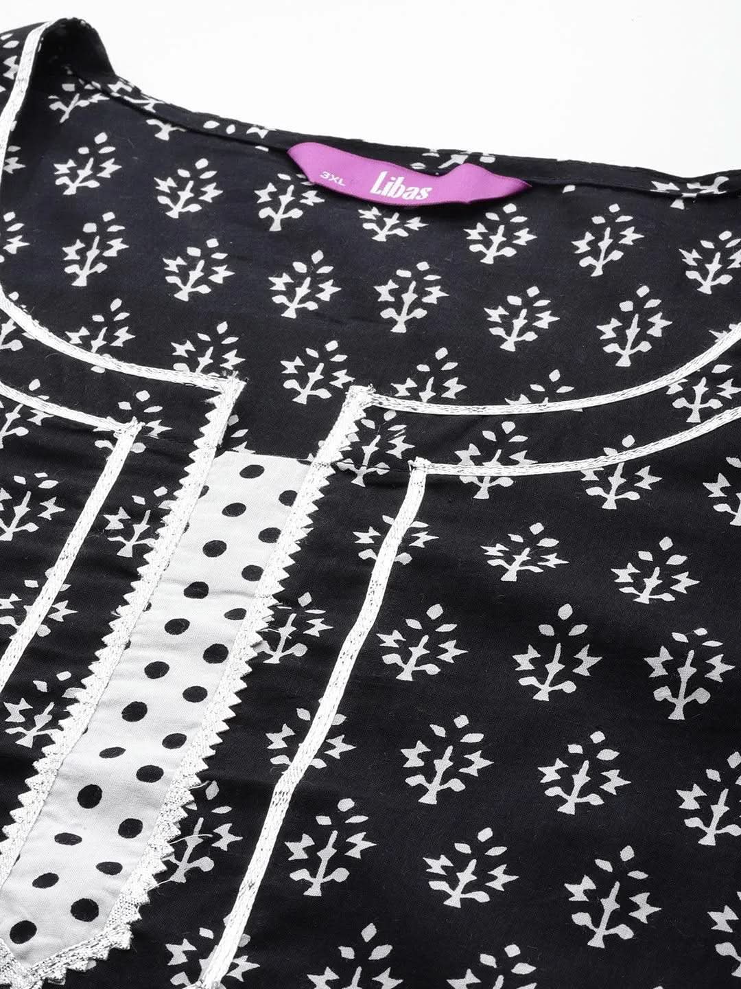Black Yoke Design Cotton Straight Kurta With Trousers & Dupatta - Libas 
