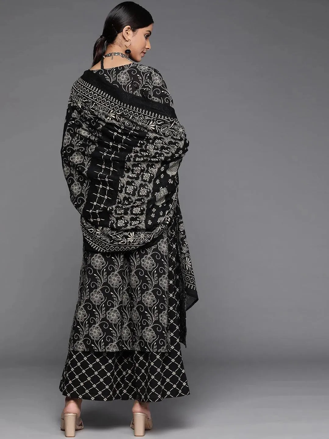 Black Printed Cotton Suit Set - Libas 