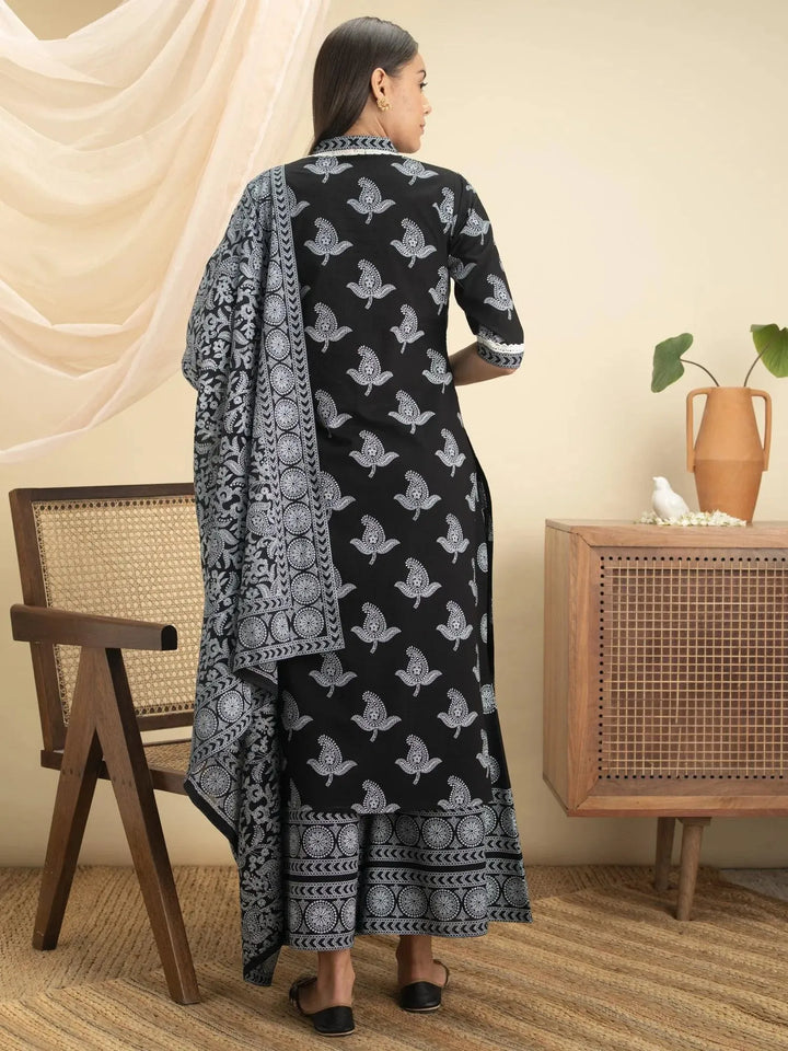 Black Printed Cotton Suit Set - Libas