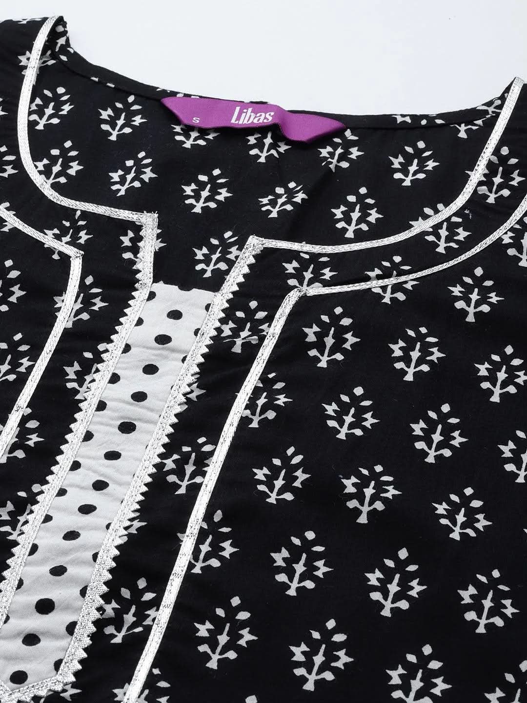 Black Printed Cotton Straight Suit Set With Palazzos - Libas 