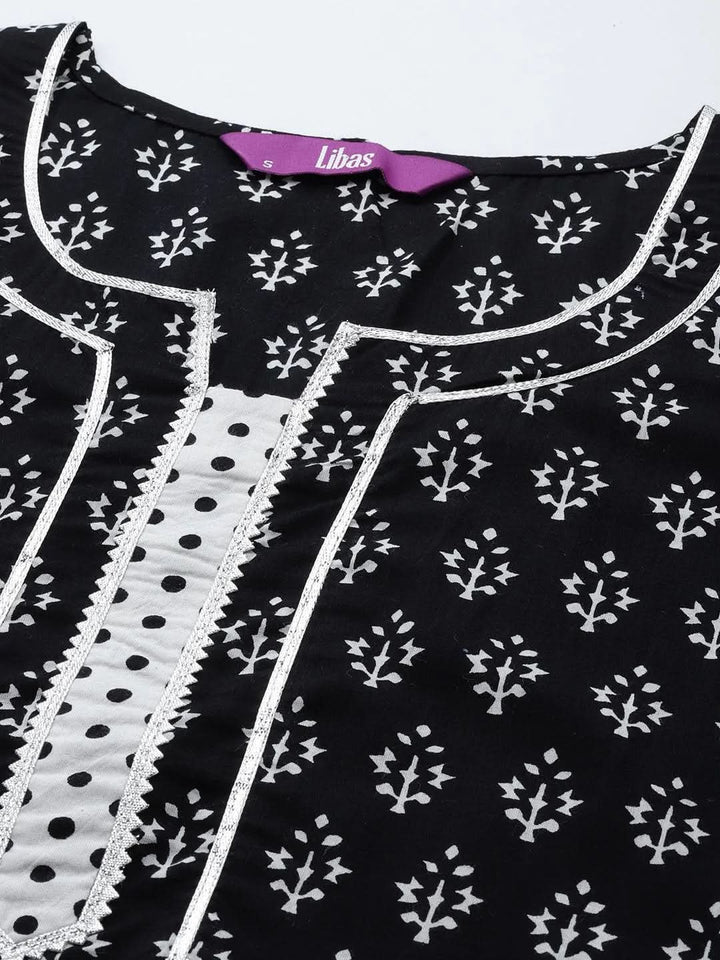 Black Printed Cotton Straight Suit Set With Palazzos - Libas