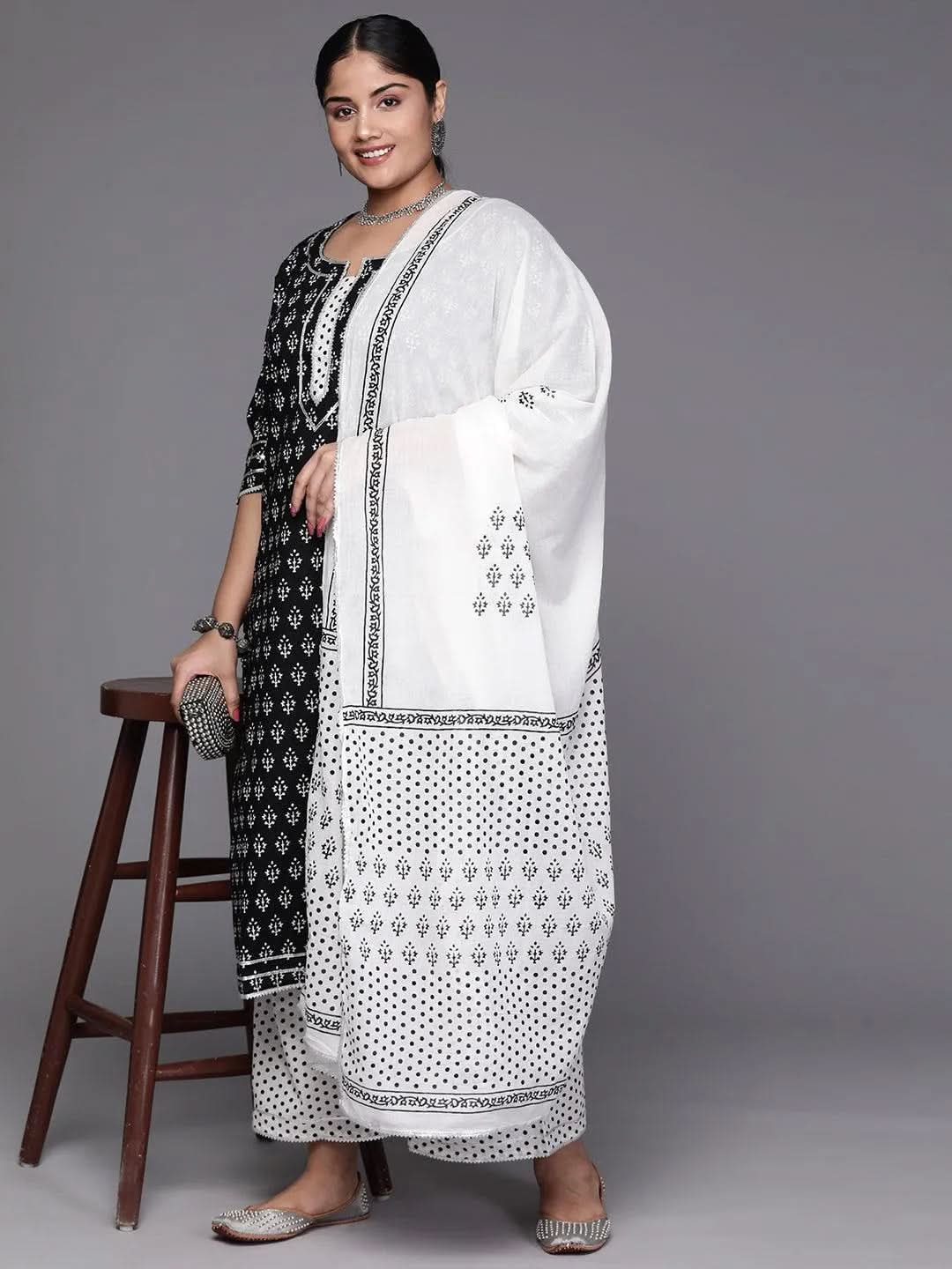 Black Yoke Design Cotton Straight Kurta With Trousers & Dupatta - Libas 