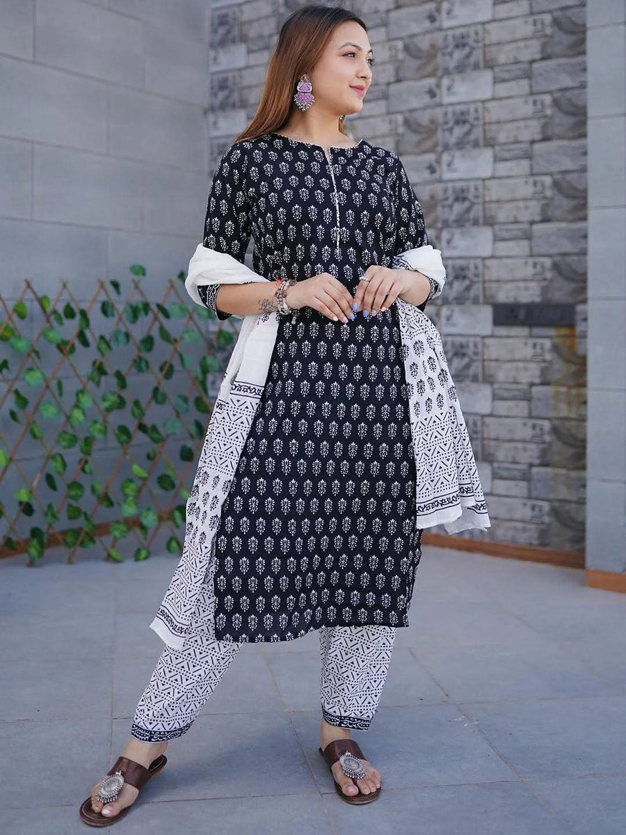 Cream Printed Rayon Straight Kurta With Salwar & Dupatta