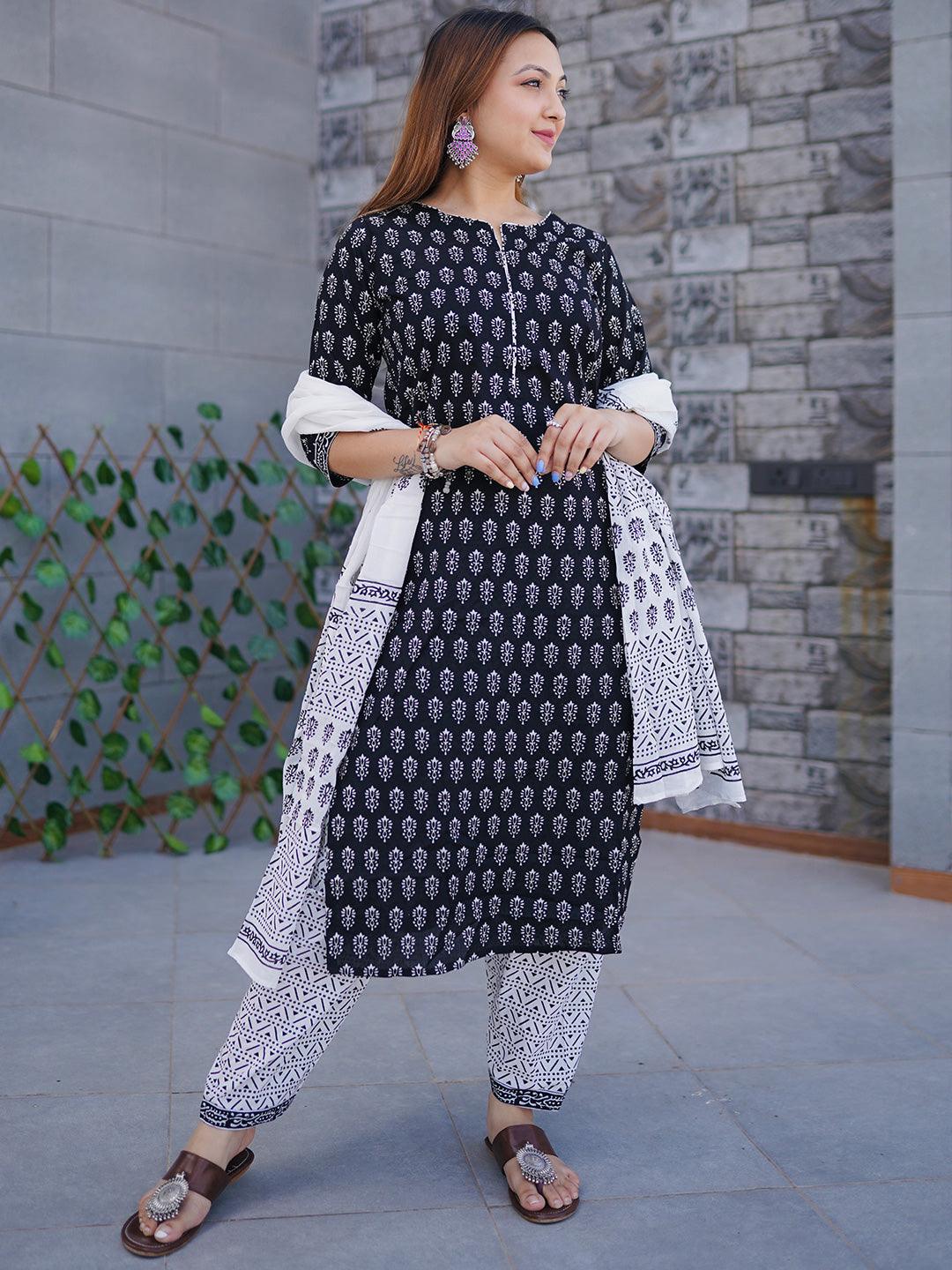 Black Printed Cotton Straight Suit Set With Salwar - Libas