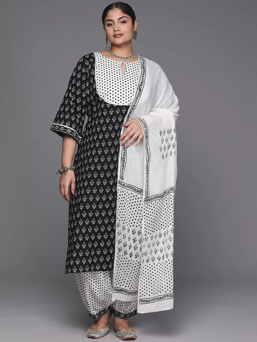 Black Yoke Design Cotton Straight Kurta With Trousers & Dupatta - Libas 