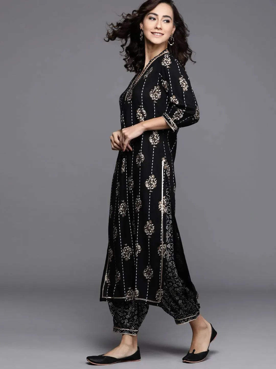 Black Printed Cotton Suit Set - Libas 
