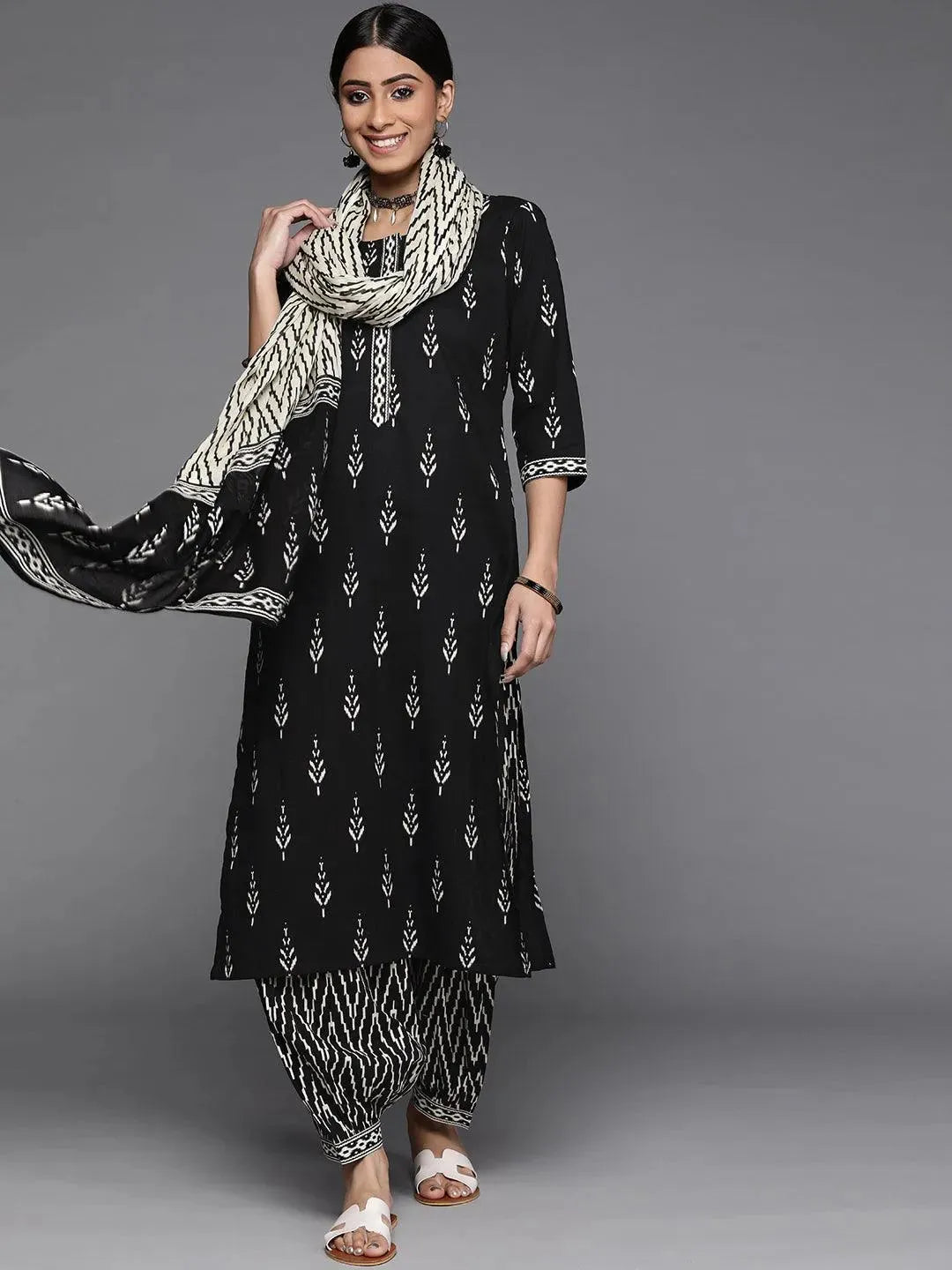 Black Printed Cotton Straight Kurta With Salwar & Dupatta - Libas