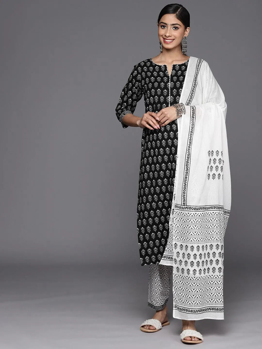 Black Printed Cotton Straight Suit Set With Salwar - Libas 