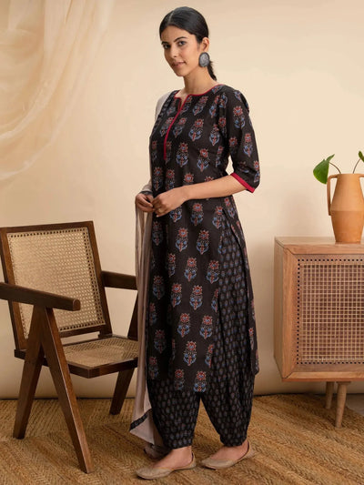 Black Printed Cotton Suit Set - Libas