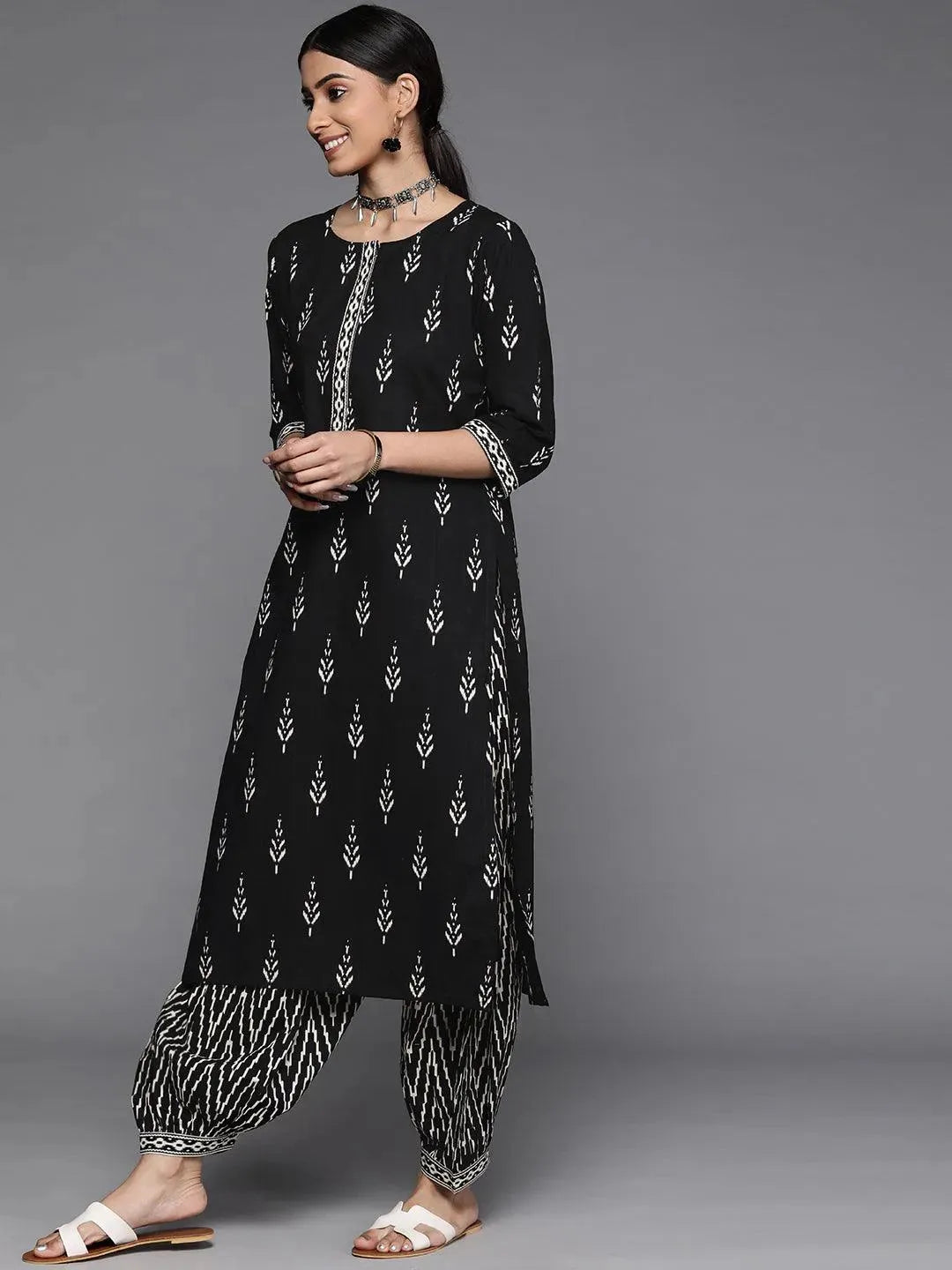 Black Printed Cotton Straight Kurta With Salwar & Dupatta - Libas 