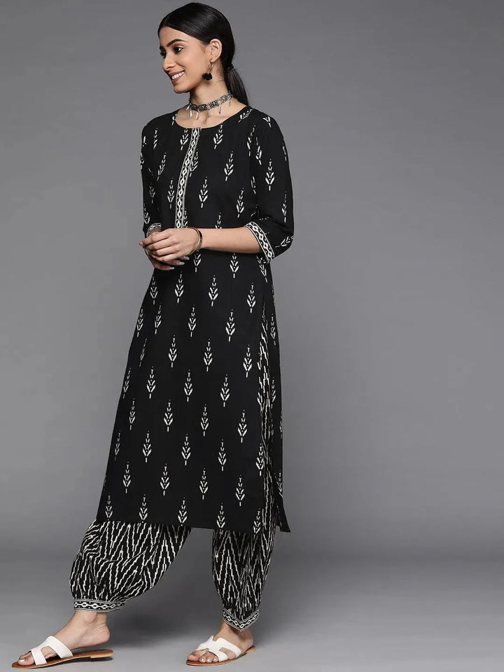 Black Printed Cotton Straight Kurta With Salwar & Dupatta - Libas