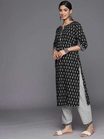 Black Printed Cotton Straight Suit Set With Salwar - Libas