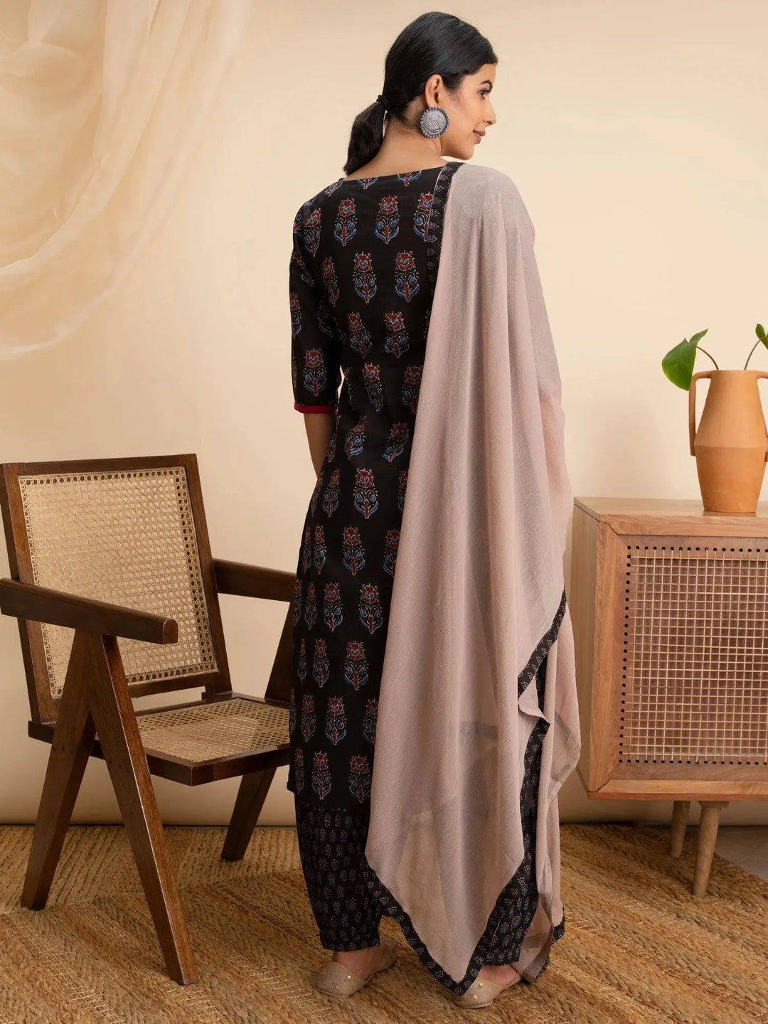 Black Printed Cotton Suit Set - Libas 