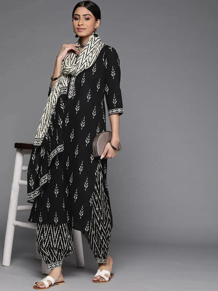 Black Printed Cotton Straight Kurta With Salwar & Dupatta - Libas