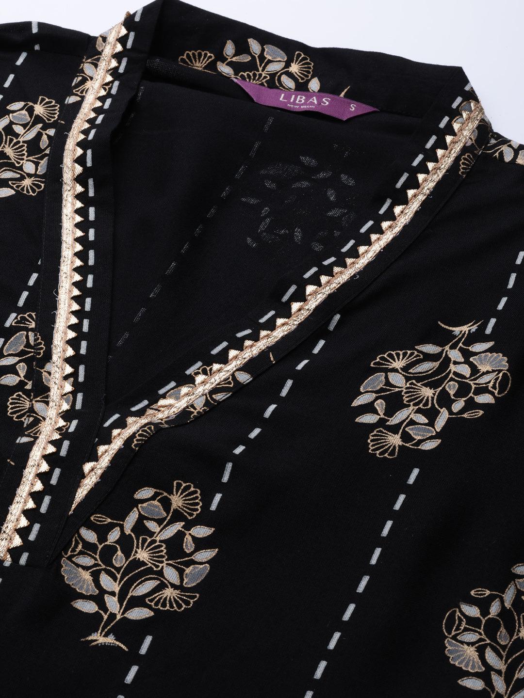 Black Printed Cotton Suit Set - Libas