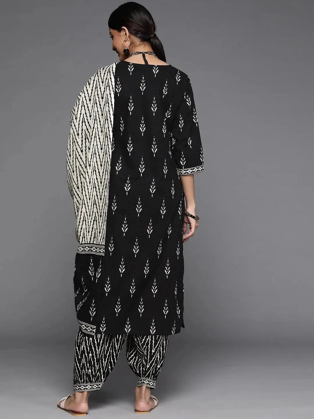 Black Printed Cotton Straight Kurta With Salwar & Dupatta - Libas